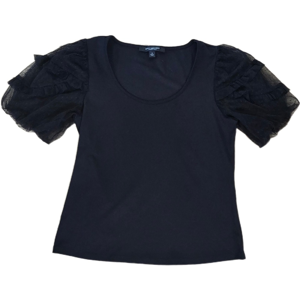 Marc New York Andrew Marc Black Mesh Ruffle Puff Sleeve Top M2MKT502 Small